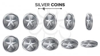 Game 3D Silver Coin Vector With Star. Flip Different Angles. Achievement Coin Icons, Sign, Success, Winner, Bonus, Cash Symbol. Illustration Isolated On White.