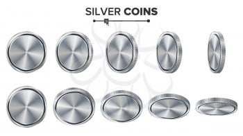 Empty 3D Silver Coins Vector Blank Set. Realistic Template. Flip Different Angles. Investment, Web, Game App Interface Concept. Coin Icon, Sign, Banking Cash Symbol