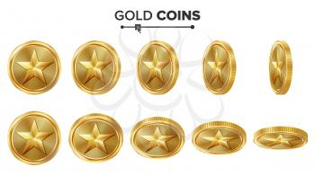 Game 3D Gold Coin Vector With Star. Flip Different Angles. Achievement Coin Icons, Sign, Success, Winner, Bonus, Cash Symbol. Illustration Isolated On White