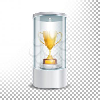 Transparent Glass Museum Showcase Podium With Golden Cup, Spotlight And Sparks. Mock Up Capsule Box For Award Ceremonies. Vector