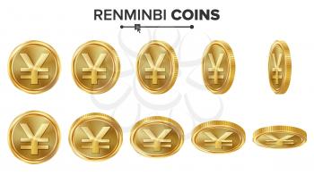 Renminbi 3D Gold Coins Vector Set. Realistic Illustration. Flip Different Angles. Money Front Side. Investment Concept. Finance Coin Icons, Sign Success Banking Cash Symbol. Currency Isolated