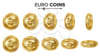 Euro 3D Gold Coins Vector Set. Realistic Illustration. Flip Different Angles. Money Front Side. Investment Concept. Finance Coin Icons, Sign, Success Banking Cash Symbol. Currency Isolated