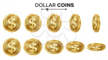 Dollar 3D Gold Coins Vector Set. Realistic Illustration. Flip Different Angles. Money Front Side. Investment Concept. Finance Coin Icons, Sign, Success Banking Cash Symbol. Currency Isolated
