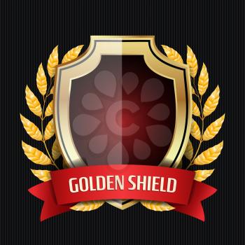 Golden Shield With Laurel Wreath And Red Ribbon. Vector Illustration.
