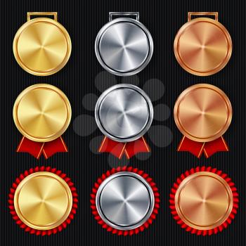 Medals Blank Set Vector. Realistic First, Second Third Placement Prize. Classic Empty Medals Concept. Red Ribbon. Sport Game Golden, Silver, Bronze Achievement Template. Honor Prize.