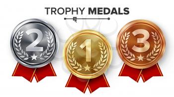 Gold, Silver, Bronze Medals Set Vector. Metal Realistic Badge With First, Second, Third Placement Achievement. Round Label With Red Ribbon. Winner Prize.