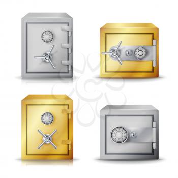 Metal Safe Realistic Vector. Set Realistic Steel safe. Front View.