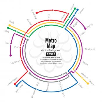 Metro Map Vector. Plan Map Station Metro And Underground Railway Metro Scheme Illustration. Colorful Background With Stations.