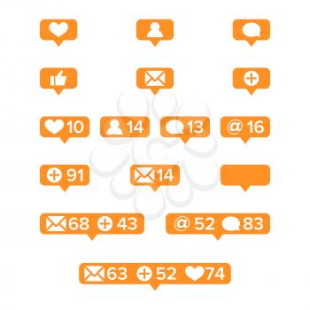 Notifications Icons Template Vector. Social network app symbols of heart like, new message bubble, friend request quantity number. Smartphone application messenger interface web notice