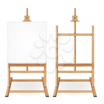 Paint Desk Vector. Wooden Easel With Empty White Paper. Isolated On White Background. Realistic Painter Desk. Drawing Whiteboard