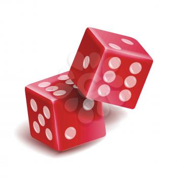 Playing Dice Vector Set. Realistic 3D Illustration Of Two Red Dice With Shadow