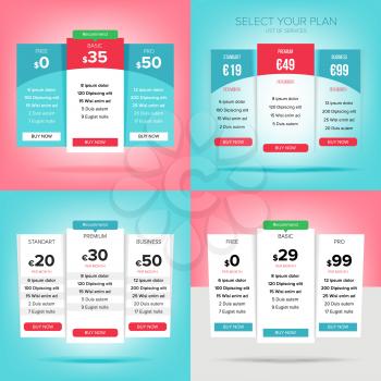 Pricing Business Plans Vector Set. Design Element For Website. Collection Of Pricing Plans For Websites And Applications. Hosting Table Banner