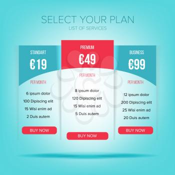 Pricing Business Plans Vector. Contemporary Pricing Business Plans, Data Table Template For Web And Applications.