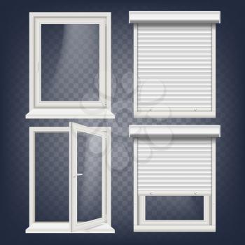Plastic PVC Window Vector. Roller Blind. Opened And Closed. Front View. Home Window Design Element. Isolated On Transparent Background Realistic Illustration