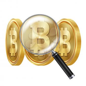 Bitcoin And Magnifying Glass Vector. Cryptocurrency Business Concept. Cryptography, Financial Technology Isolated