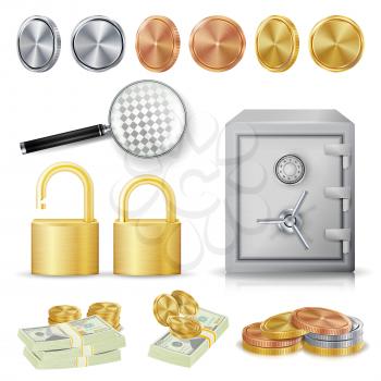 Money Secure Concept Vector. Gold, Silver, Copper Metal Coins, Money Banknotes Stacks, Encryption Padlock, Safe, Magnifying Glass