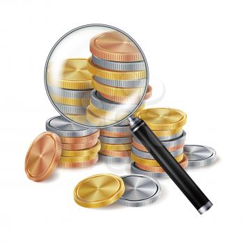 Money And Magnifying Glass Vector. Coins. Business Concept. Isolated Illustration