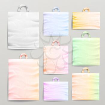 Empty Reusable Plastic Shopping Realistic Bags Set With Handles. Close Up Mock Up. Vector