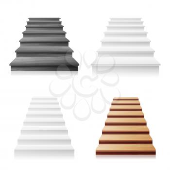 Staircase Vector Set. White, Wooden Dark. 3D Realistic Illustration. Front View Of Clean White Empty Staircase Vector. Business Success Progress Concept