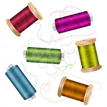 Thread Spool Set Background. For Needlework And Needlecraft. Stock Vector Illustration Of Yarn Or Cotton Bobbin Reels. Isolated On White Background
