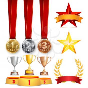 Trophy Awards Cups, Golden Laurel Wreath With Red Ribbon And Gold Shield. Realistic Golden, Silver, Bronze Achievement Medals. Sports Placement Podium. Isolated