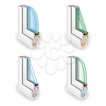 Plastic Window Frame Profile Set. Energy Efficient Window Cross Section. Two And Three Transparent Glass. Vector