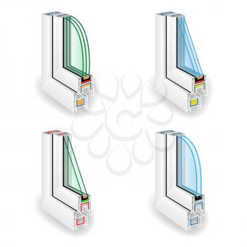 Plastic Window Frame Profile. Structure Corner Window. Two And Three Transparent Glass. Vector