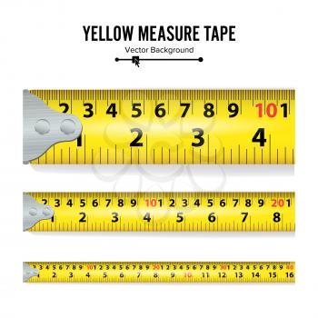 Yellow Measure Tape Vector Illustration. Measure Tool Equipment In Centimeters. Several Variants, Proportional Scaled.