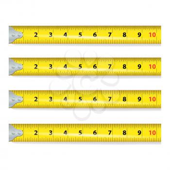 Yellow Measure Tape Vector. Centimeter And Inch. Measure Tool Equipment Isolated On White Background. Several Variants, Proportional Scaled.