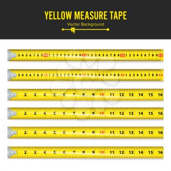 Yellow Measure Tape Vector Illustration. Measure Tool Equipment In Inches. Several Variants, Proportional Scaled.