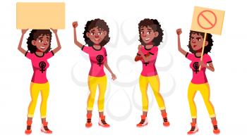 Teen Girl Poses Set Vector. Black. Afro American. Girl Power, Feminism. Friendly, Cheer. Public Protest. For Banner Flyer Brochure Design Cartoon Illustration