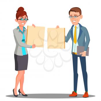 Businessman, Business Woman In Suits Holding Empty Banner Vector. Illustration