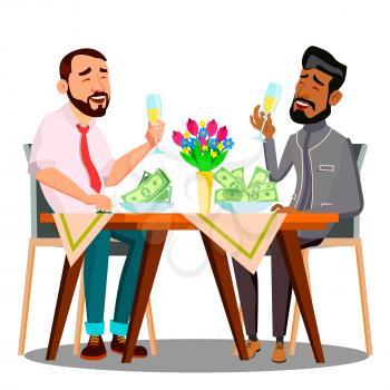 Business Lunch, Two People At The Table With Plates Full Of Money Vector. Illustration