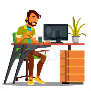 Lunch Break, Employee At The Desk With Burger And Coffee Looking At The Computer Screen Vector. Illustration