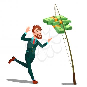 Businessman Catching Money Hanging On The Hook Of Fishing Rod Vector. Illustration