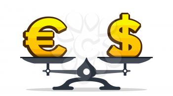 Euro Sign Overweight Dollar Sign On Scales Vector. Illustration