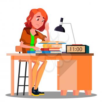 Tired Girl At The Table With Lamp And Book Vector. Illustration