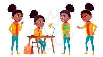 Teen Girl Poses Set Vector. Fun, Cheerful. Black. Afro American. For Web, Poster, Booklet Design Isolated Cartoon Illustration