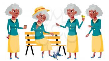 Old Woman Poses Set Vector. Elderly People. Black. Afro American. Senior Person. Aged. Beautiful Retiree. Life. Card, Advertisement Greeting Design Isolated Cartoon Illustration