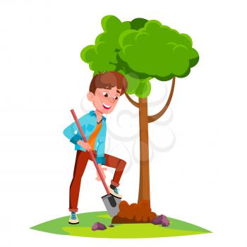 Teen Boy Plant A Tree Vector. Illustration