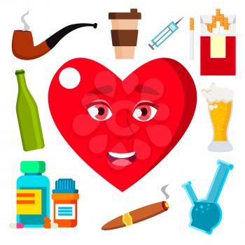 Health Concept, Heart Surrounded By Cigarettes, Alcohol, Medicine And Coffee Vector. Isolated Illustration