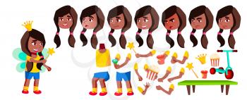 Girl Kindergarten Kid Vector. Black. Afro American. Animation Creation Set. Face Emotions, Gestures. Pretty Positive Baby. Leisure. For Web, Brochure Poster Design Animated Illustration