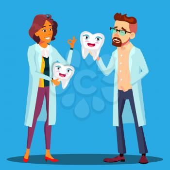 Doctor Dentist Holding A Smiling Tooth, Man And Woman In White Coat Vector. Isolated Illustration