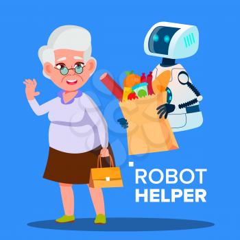 Robot Helper Carrying Cart With Products Of Elderly Woman Vector. Illustration
