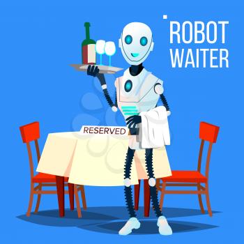 Robot Waiter Holding Tray With Drinks Vector. Illustration