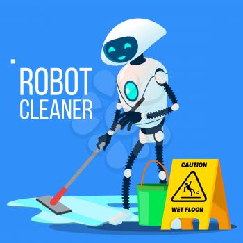 Robot Cleaner Washing The Floor With Bucket And Mop In Hand Vector. Illustration