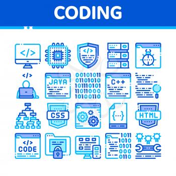 Coding System Vector Thin Line Icons Set. Binary Coding System, Data Encryption Linear Pictograms. Web Development, Programming Languages, Bug Fixing, HTML, Script Color Contour Illustrations