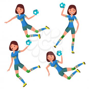 Handball Girl Player Female Vector. Match Competition. Running, Jumping. Cartoon Athlete Character Illustration