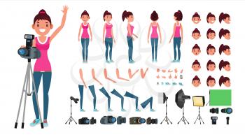 Photographer Woman Vector. Taking Pictures. Animated Female Character Set. Full Length. Accessories, Poses, Face Emotions, Gestures. Isolated Flat Cartoon Illustration