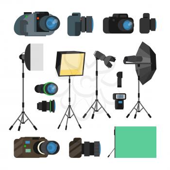Photographer Tools Set Vector. Photography Objects. Photo Equipment Design Elements, Accessories. Modern Digital Cameras, Tools For Professional Studio Photography. Isolated Flat Illustration